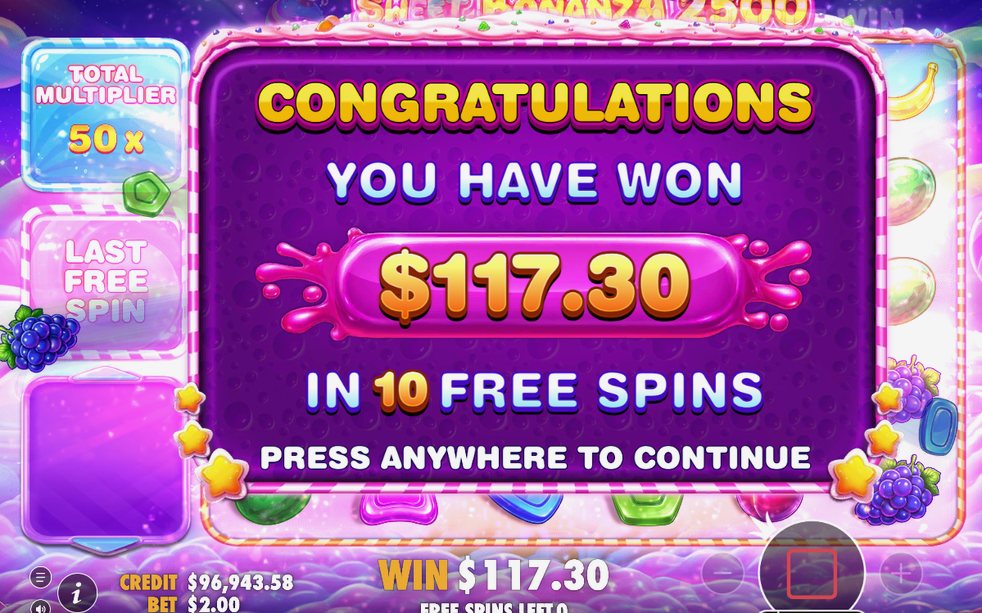 Win screen after a tumble sequence ends