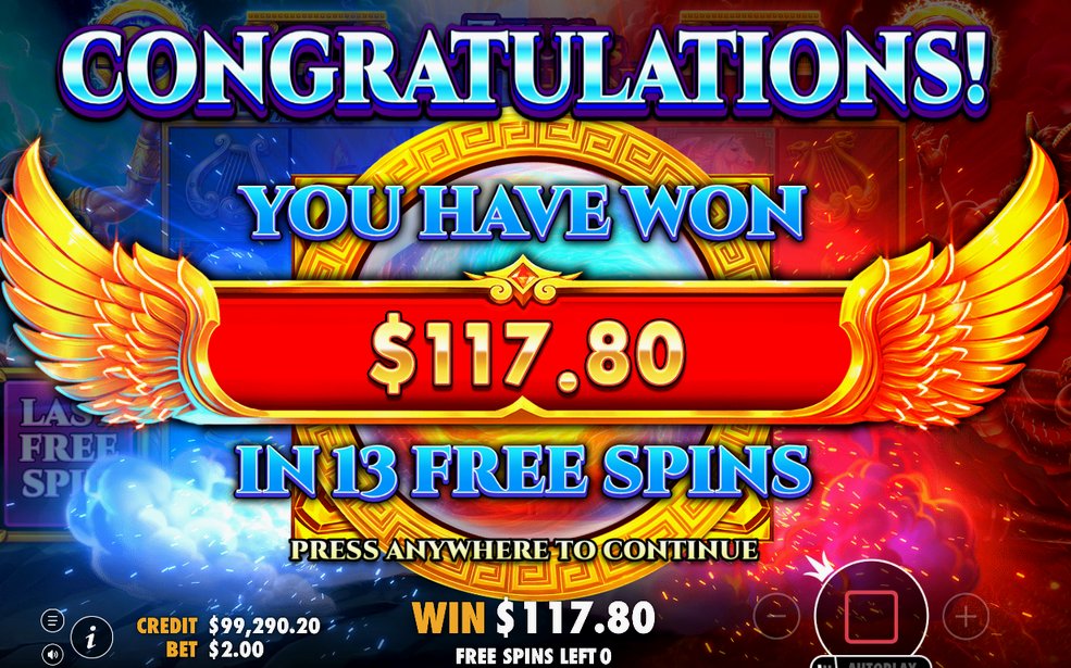 Win screen showing ZEUS WIN and TYPHON WIN